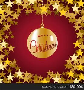 Merry Christmas background. Golden balls and stars for postcard and greeting