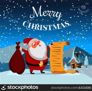 Merry christmas background illustration with funny santa. Vector design template of winter greeting card. Christmas card with santa claus. Merry christmas background illustration with funny santa. Vector design template of winter greeting card