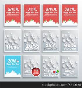 Merry Christmas background set discount percent with snowflake and poster with text. Winter Christmas sale design elements