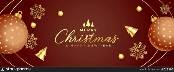 merry christmas background with 3d ball and golden ornament snowflake and tree