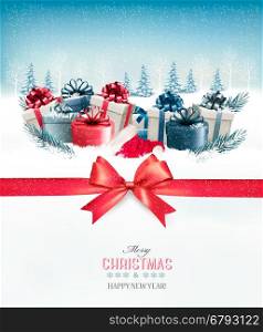 Merry Christmas Background with a red ribbon and gift boxes.Vector