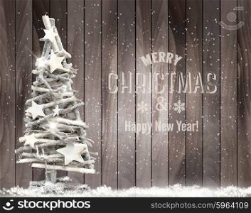 Merry Christmas background with Christmas tree and snowflakes. Vector