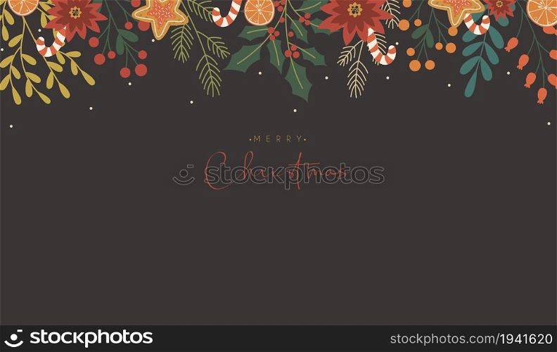 Merry Christmas background with floral foliage decorations