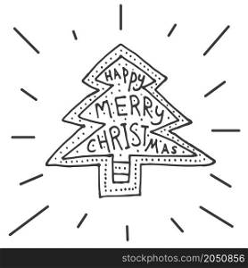 Merry Christmas background with hand lettering and christmas tree. Vector illustration. New Year concept for party flyer, banner, placard or web site