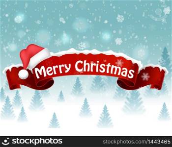 Merry christmas background with red realistic ribbon banner and snow. vector