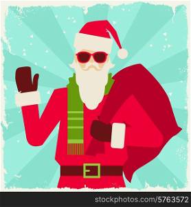 Merry Christmas background with Santa in hipster style.