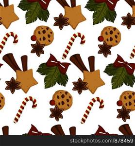 Merry Christmas baked cookies with chocolate and cinnamon vector. Seamless pattern isolated on white background, leaves of traditional mistletoe plant, candy stick and star shaped ginger bakery. Merry Christmas baked cookies with chocolate and cinnamon