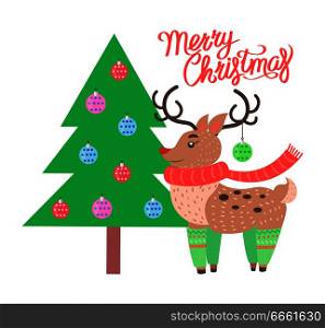 Merry Christmas banner depicting title and icon of reindeer wearing scarf and socks standing by tree with toys vector illustration. Merry Christmas Reindeer on Vector Illustration