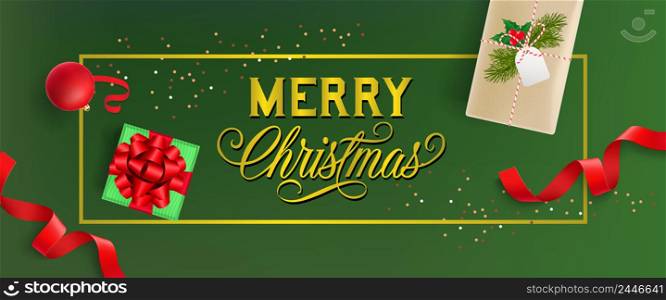 Merry Christmas banner design. Bauble, gift boxes with ribbons, fir, berries and tag on green background. Template can be used for flyers, sale posters, greeting cards