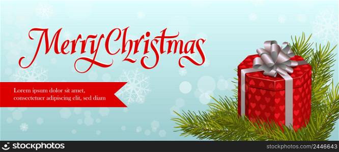 Merry Christmas banner design. Fir branch, red gift box with grey ribbon and snowflakes on light blue background. Template can be used for banners, posters, greeting cards, postcards