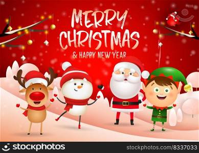 Merry Christmas banner design on red winter background with happy cartoon characters standing on hills. Lettering can be used for invitations, signs, announcements