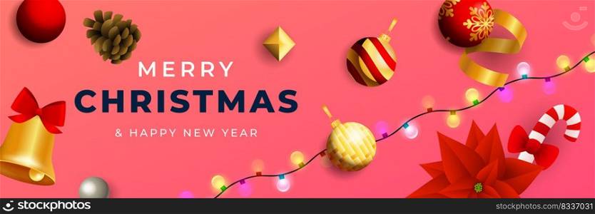 Merry Christmas banner design with bright balls, pine cone, candy cane on pink horizontal background with glowing garland. Lettering can be used for invitations, signs, announcements