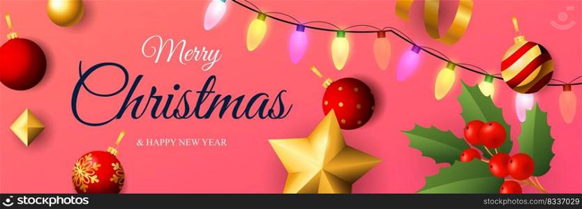 Merry Christmas banner design with colorful lights on pink horizontal background with holy berry, red balls. Lettering can be used for invitations, signs, announcements