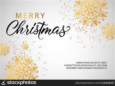 Merry Christmas banner design with golden snowflakes and confetti. Vector illustration can be used for flyers, posters, greeting cards