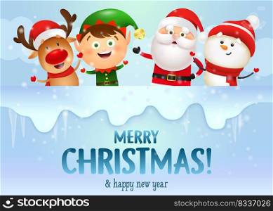 Merry Christmas banner design with jolly Santa and his friends on icy background falling snow. Lettering can be used for invitations, signs, announcements