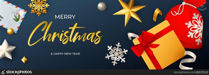 Merry Christmas banner design with Santa sack and gift box on dark blue horizontal background with letter and snowflakes. Lettering can be used for invitations, signs, announcements