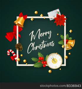 Merry Christmas banner in frame with decor on green ground. Lettering can be used for invitations, post cards, announcements