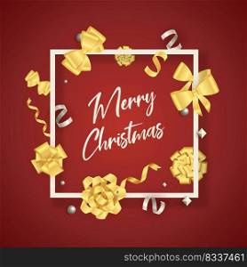 Merry Christmas banner in frame with gold bows on red ground. Lettering can be used for invitations, post cards, announcements