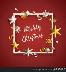 Merry Christmas banner in frame with stars on red ground. Lettering can be used for invitations, post cards, announcements