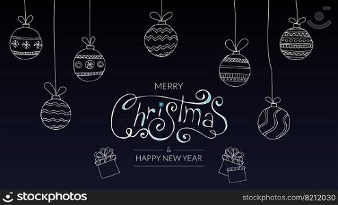 Merry Christmas banner or card. Happy new year Template with white christmas balls and hand-drawn inscription on classic blue background. 