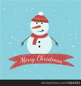 Merry Christmas Banner or Xmas Greeting Card. Cute Smiling Snowman with Carrot instead of Nose Wearing Knitted Hat and Scarf Stand on Snowy Background with Red Ribbon. Cartoon Flat Vector Illustration. Merry Christmas Banner with Cute Smiling Snowman
