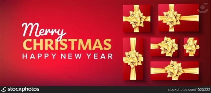 Merry Christmas Banner Vector. Gifts Box Gold Bow. Red Horizontal Background Illustration. Christmas Banner Vector. Gifts Box With Gold Bow. Red Background Illustration