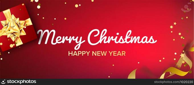 Merry Christmas Banner Vector. Gifts Box With Gold Bow. Illustration. Merry Christmas Banner Vector. Gifts Box With Gold Bow. Red Horizontal Background Illustration