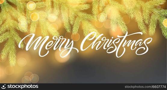Merry Christmas banner vector template. Realistic fir tree branch with pinecone on blue background with bokeh effect. Xmas lettering with shadow and glowing golden sparkles. Poster, postcard design. Merry Christmas banner vector template