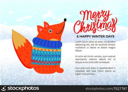 Merry Christmas banner with fox in knitted sweater with ornament. Forest animal in clothes, winter holiday celebration, knitwear vector illustration. Merry Christmas Banner with Fox in Knitted Sweater