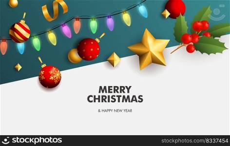 Merry Christmas banner with garland on white and blue ground. Lettering can be used for invitations, post cards, announcements