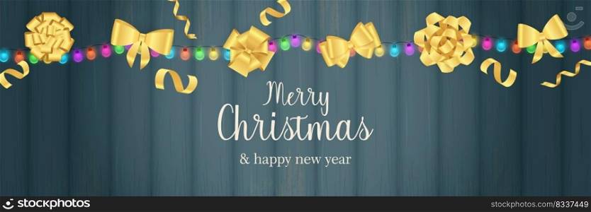Merry Christmas banner with gold bows on blue wooden ground. Lettering can be used for invitations, post cards, announcements