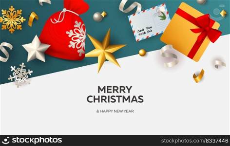 Merry Christmas banner with ribbons on white and blue ground. Lettering can be used for invitations, post cards, announcements
