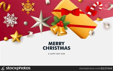 Merry Christmas banner with stars on white and red ground. Lettering can be used for invitations, post cards, announcements