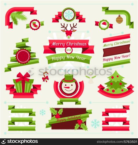 Merry Christmas banners ribbons and badges.