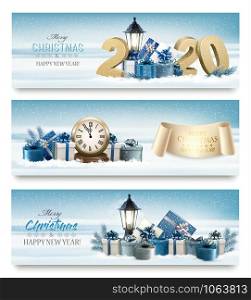 Merry Christmas banners with branches of tree, clock and presents. Vector