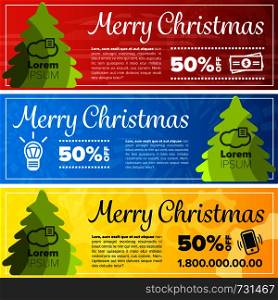 merry christmas banners with icons and colored backgrounds. merry christmas banners