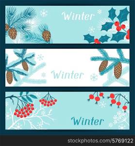 Merry Christmas banners with stylized winter branches.