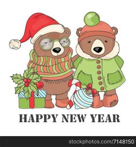 MERRY CHRISTMAS BEAR New Year Cartoon Vector Illustration Set