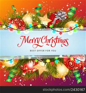 Merry Christmas best offer lettering with lights, fir sprigs, baubles and streamer. Calligraphic inscription can be used for leaflets, festive design, posters, banners.