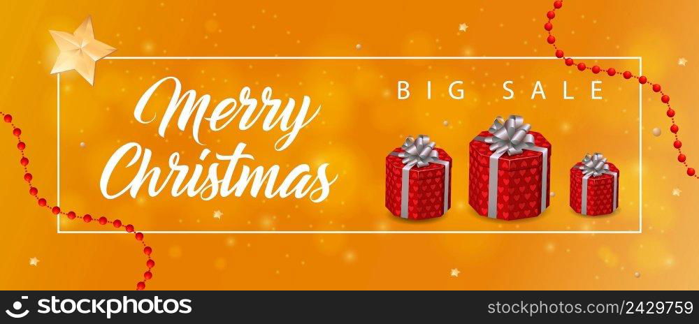 Merry Christmas Big Sale lettering with gift boxes and garlands. Handwritten and typed text, calligraphy. For posters, banners, leaflets and brochures.