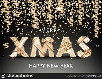 Merry Christmas black background with golden decorative letters with gold gift bow, ribbon, confetti and streamer. Xmas text. Winter holiday decoration. Vector greeting card template.