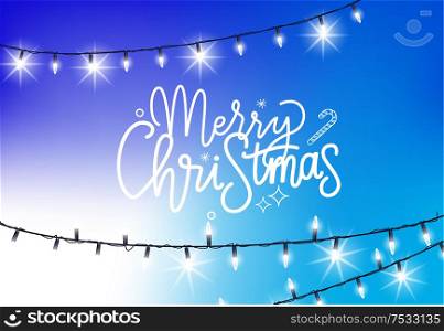 Merry Christmas blue background with glittering garlands. Vector bright lights, bulbs on thread, winter holiday decoration elements sparkling, realistic design. Merry Christmas Blue Background Glittering Garland