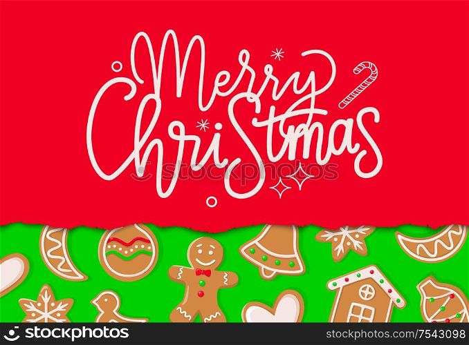 Merry Christmas bright red greeting card with gingerbread. Design ginger cookie shapes of house and snowflake, moon and bird, ball and bell toy vector. Merry Christmas Greeting with Gingerbread Vector