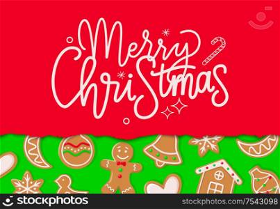 Merry Christmas bright red greeting card with gingerbread. Design ginger cookie shapes of house and snowflake, moon and bird, ball and bell toy vector. Merry Christmas Greeting with Gingerbread Vector