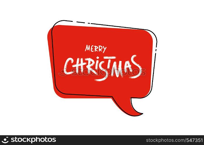 Merry Christmas brush handwritten lettering with speech bubble isolated on white background. Creative text with decoration for holiday design cards and banners. Vector illustration.