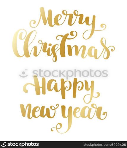 Merry Christmas brush lettering typography. Handwriting text design with winter handdrawn lettering. Happy New Year lettering set.. Holiday typography. Handwriting text design with winter handdrawn lettering. Gold Happy New Year and Maeery christmas brush lettering text on white background