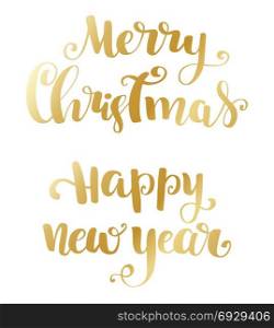 Merry Christmas brush lettering typography. Handwriting text design with winter handdrawn lettering. Happy New Year lettering set.. Holiday typography. Handwriting text design with winter handdrawn lettering. Gold Happy New Year and Maeery christmas brush lettering text on white background