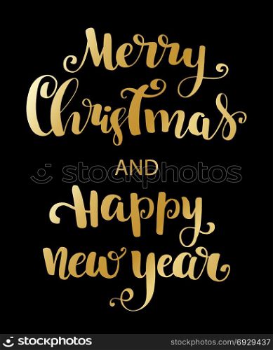 Merry Christmas brush lettering typography.. Holiday typography. Handwriting text design with winter handdrawn lettering. Gold Happy New Year and Merry christmas brush lettering text on black background