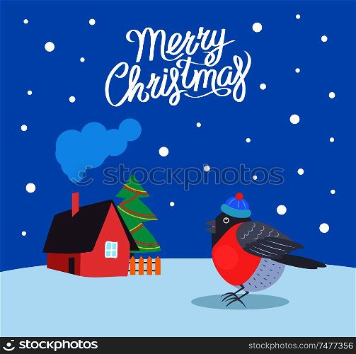 Merry Christmas bullfinch and snowing weather vector. House with smoke coming from chimney, decorated tree with garlands and balls. Home and snow. Merry Christmas Bullfinch Snowing Weather Vector