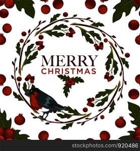 Merry Christmas bullfinch bird and mistletoe symbol seamless pattern isolated on white background vector. Traditional xmas leaves of plant and berries, animal with feathers. Birdie in winter. Merry Christmas bullfinch bird and mistletoe symbol seamless pattern isolated on white background vector.